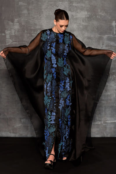 Black and blue embroidered maxi dress