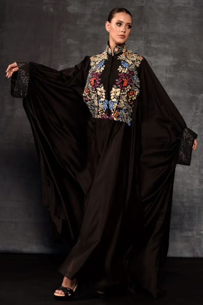 Black embroidered cotton silk kaftan