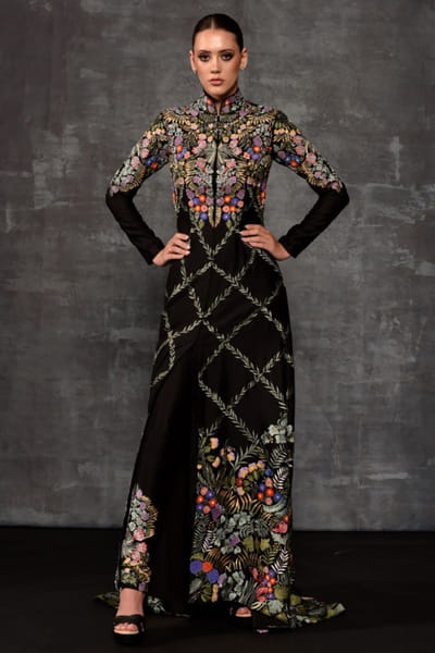 Black floral embroidered jacket and pant set