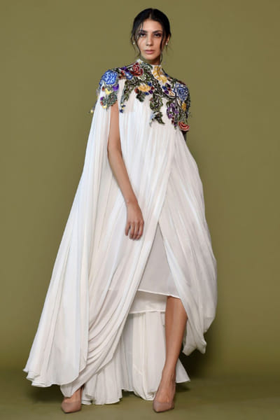Off-white embroidered and draped kaftan dress