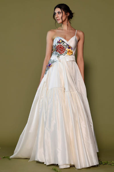 Samant Chauhan Off-white embroidered one-shoulder gown SAMFEB26D139320