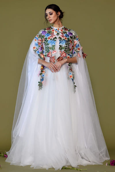 Off-white floral embroidered cape gown