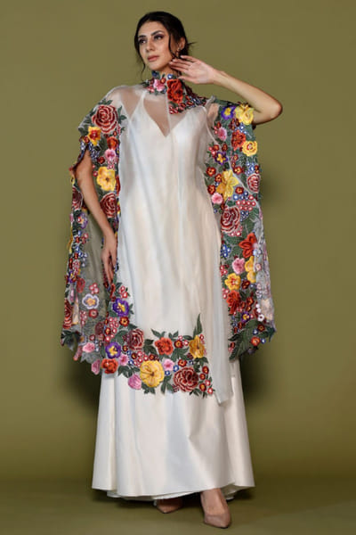 Off-white floral embroidery cape and gown set