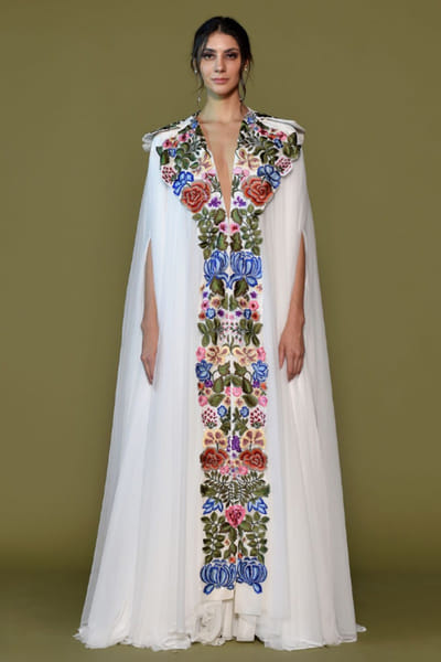 Off-white floral embroidery cape gown