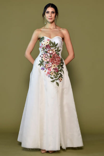 Off-white floral embroidered organza silk gown