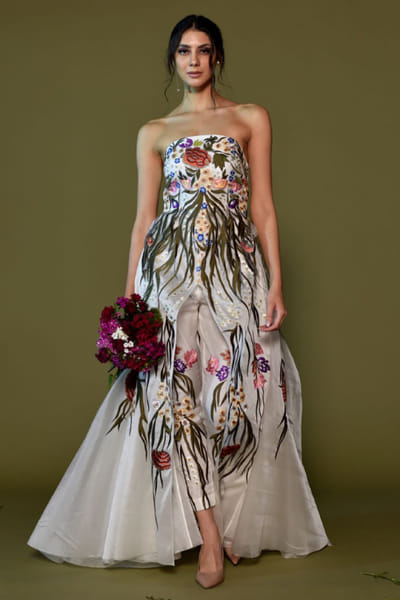 Off-white floral embroidered gown and pant set