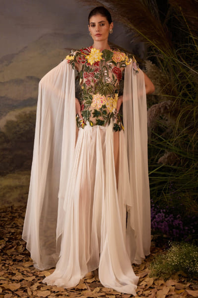 Off-white embroidered cape gown