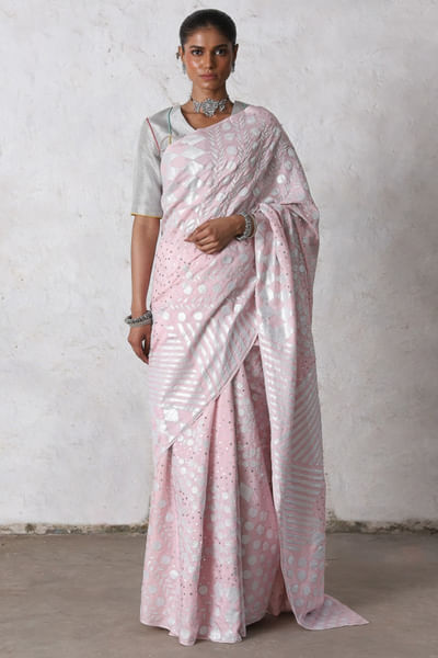 Light pink appliqué and embroidered sari set