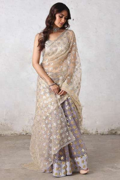 Beige and lavender gota embroidered sari set