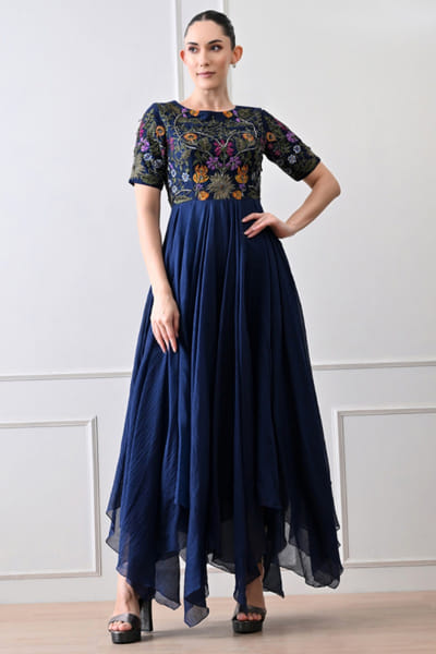Blue floral embroidered anarkali