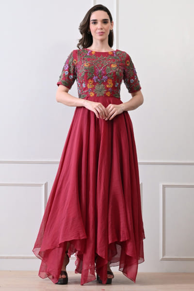 Maroon floral embroidered anarkali