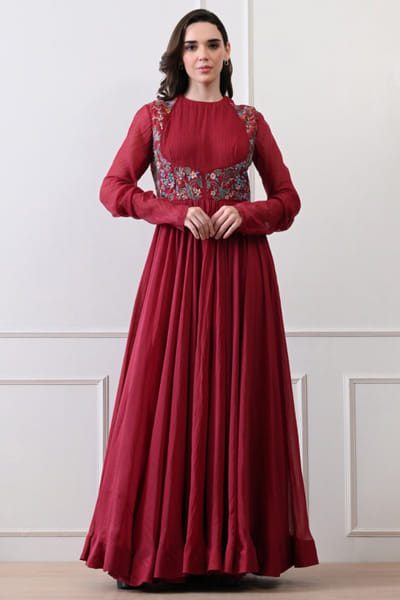 Maroon thread and zardozi embroidered anarkali
