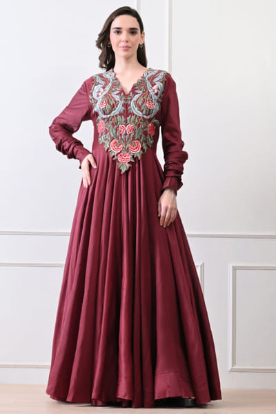 Maroon thread-zardozi embroidered anarkali