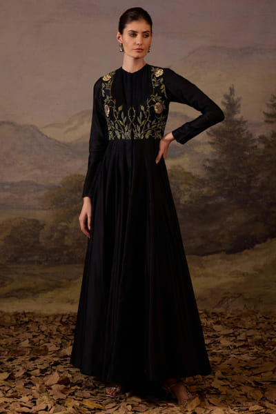 Black floral-embroidery cotton-silk long dress