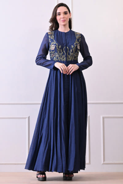 Blue floral thread embroidered anarkali