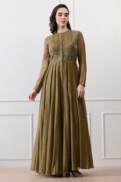Green floral thread embroidered anarkali