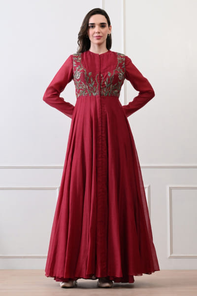 Maroon thread-zardozi embroidery anarkali