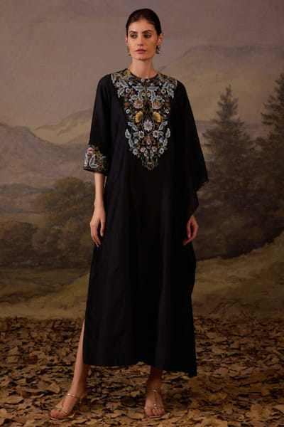 Black floral embroidered kaftan dress