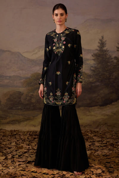 Black floral embroidered kurta and gharara set