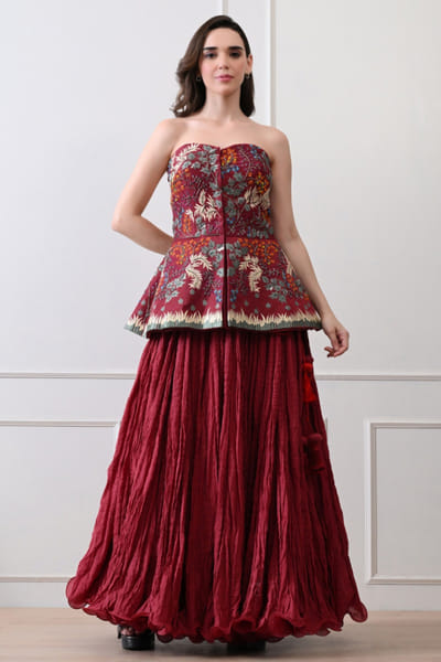 Maroon floral embroidered top and skirt set