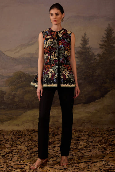 Black embroidered peplum jacket and pant set