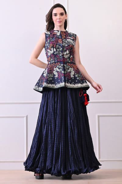 Blue floral embroidery peplum jacket-skirt set