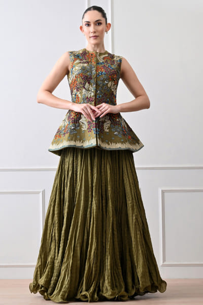 Green embroidered peplum jacket and skirt set