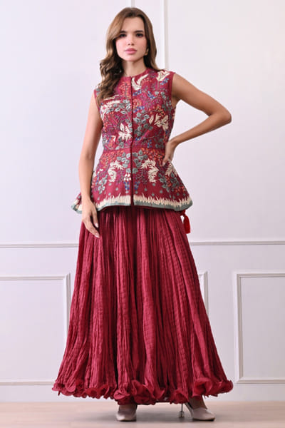 Maroon embroidered peplum jacket-skirt set