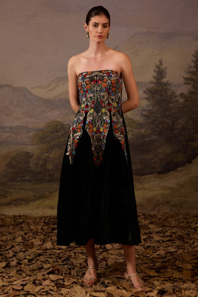 Black embroidered midi dress