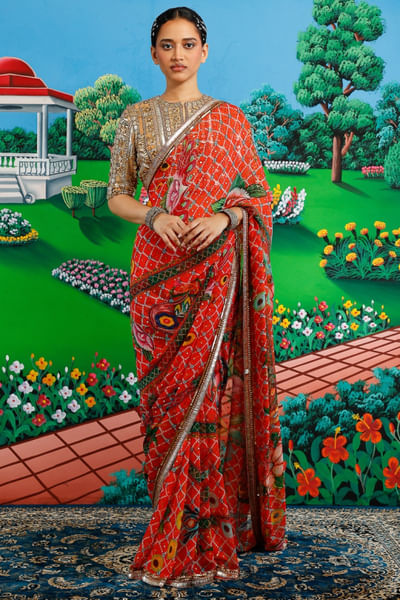 Orange floral printed sari set
