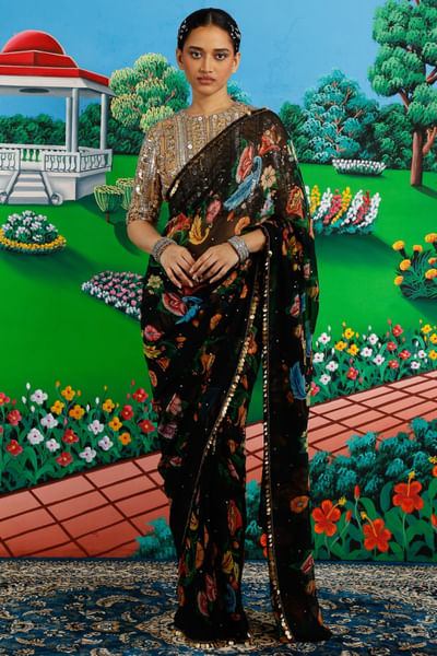 Black floral printed sari set