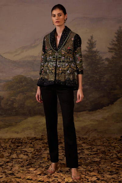 Black embroidered jacket and pant set