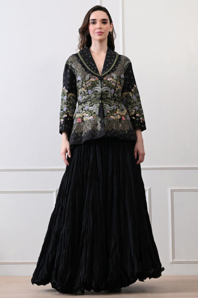 Black floral embroidered jacket and skirt set