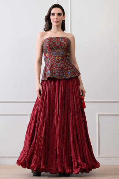 Maroon floral embroidered corset and skirt set