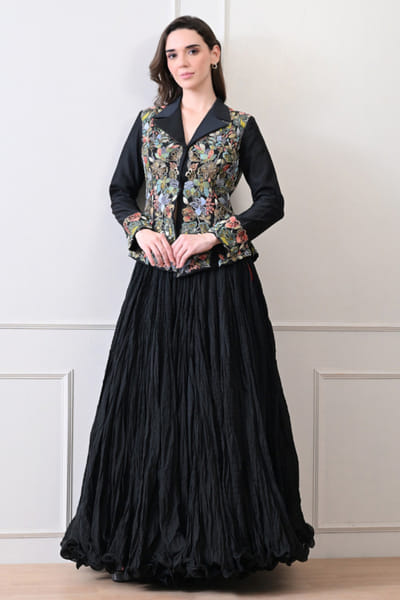 Black floral embroidered jacket-skirt set