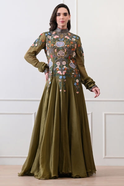 Green floral embroidered chanderi anarkali