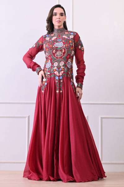 Maroon floral embroidered chanderi anarkali