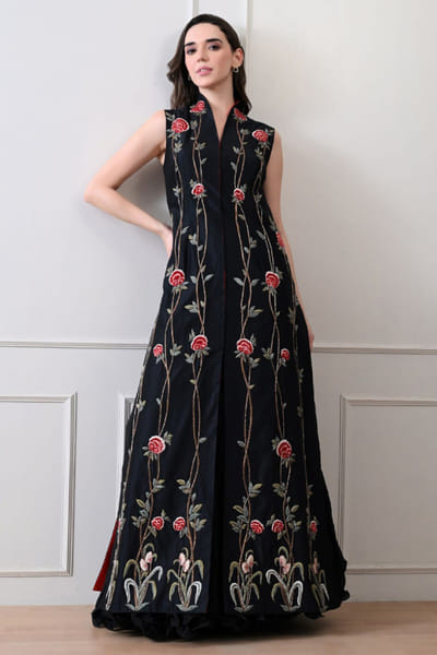 Black floral embroidered jacket and skirt set