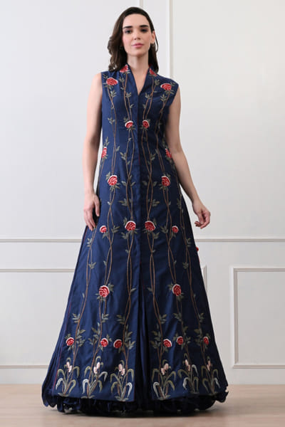 Blue floral embroidery jacket and skirt set