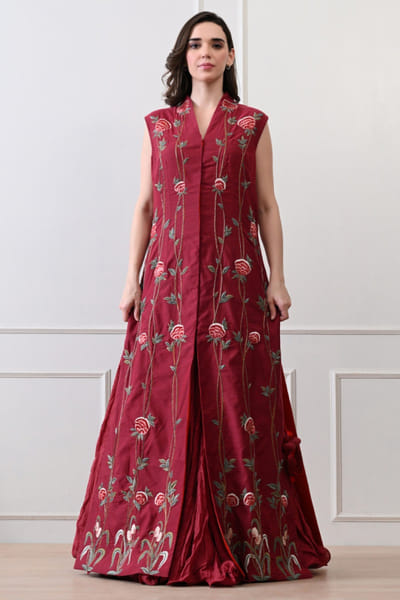 Maroon floral embroidery jacket and skirt set