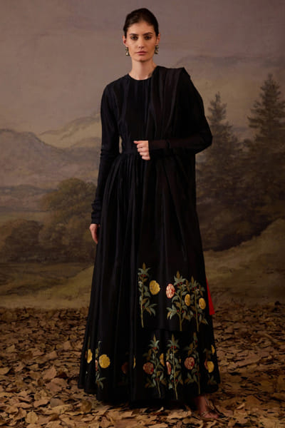 Black floral embroidered anarkali set