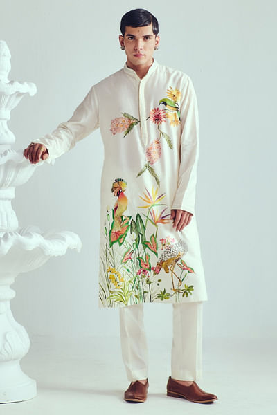 Ivory crane handpainted kurta set