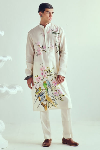 Ivory parakeet hanpainted kurta set
