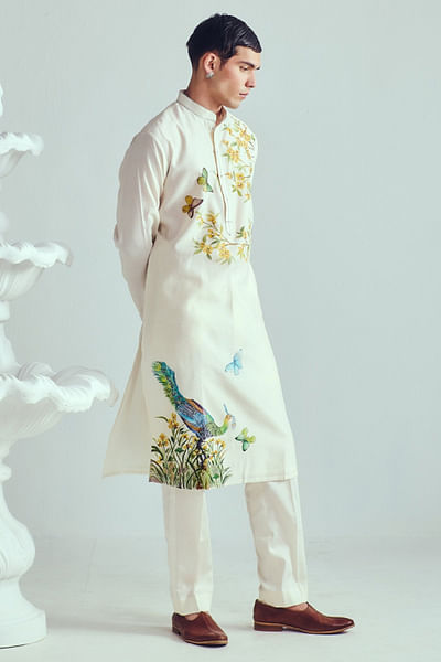 Ivory handpainted peacock kurta set