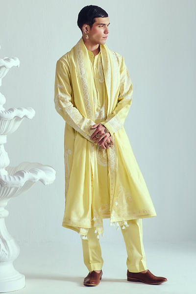 Lemon yellow dori embroidered kurta set