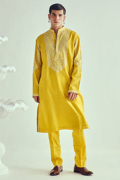 Mustard yellow dori embroidered kurta set