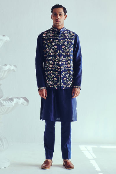 Indigo resham embroidered bandi set