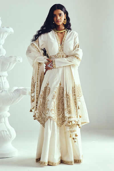 Ivory paisley motif embroidered anarkali set