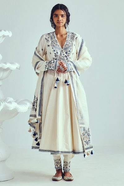 Ivory embroidered angrakha-style anarkali set