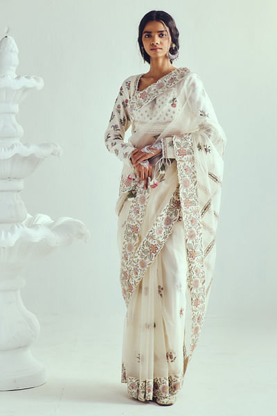 Ivory resham embroidered sari set